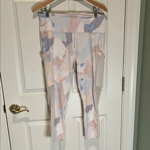 Fabletics PowerHold Leggings with Blue and Pink Abstract Design